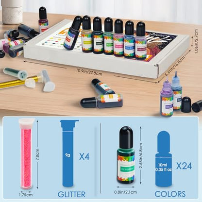 28pcs Alcohol Ink Set, 24 Vibrant Colors Concentrated Alcohol Inks for Resin Art, Epoxy Resin, Tumbler Making, Petri Dish Making, 10ml/0.35oz, with 4 Resin Glitters