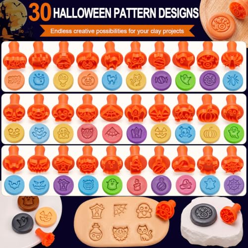 30 Pcs Halloween Pattern Clay Modeling Stamp Set with 72-Character Letter Stamps and Storage Box, Halloween Pattern Stamps for Polymer/Ceramic Clay, Pottery Craft, Cookie and Jewelry Making - style: Halloween
