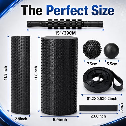 8 in 1 Foam Roller Set for Deep Tissue Muscle Massager, High-Density, Half Round Back Roller Foam, Resistance Bands Foot Massage Ball Stretching Strap for Exercise Physical Therapy