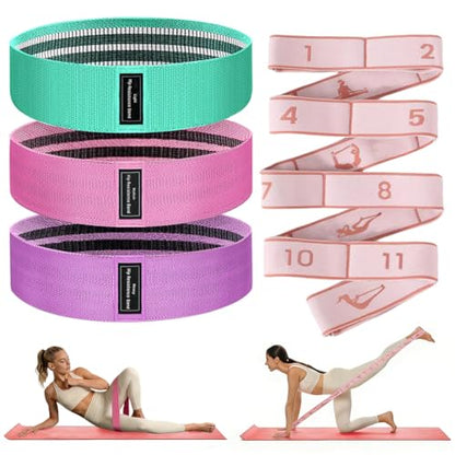 2-in-1 Fabric Resistance Bands Set & 12-Loop Numbered Elastic Stretching Strap - Non-Slip Booty Bands for Glute Workout, Stretchy Yoga Belt for Physical Therapy & Rehab