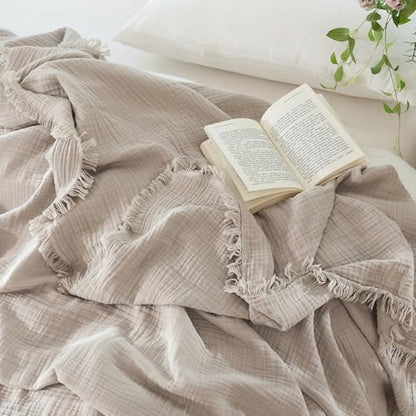 MooMee 100% Cotton Muslin Blanket Fringed 4-Layer Gauze Bed Throw, King - color: Cream Grey, size: King