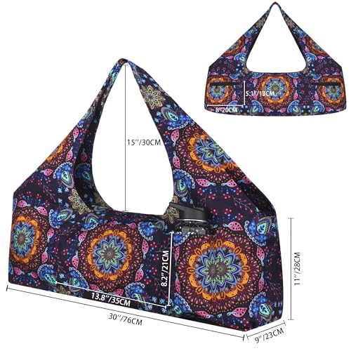 Large Yoga Mat Bag Yoga Bags and Carriers Fits All You Stuff Yoga Tote Bag with Yoga Mat Strap, Elastic Pockets and Zipper Pockets - color: purple yellow