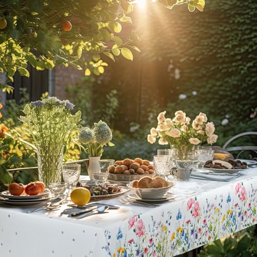 6 Pcs Summer Floral Tablecloth Butterfly Wildflower Plastic Disposable Tablecloth Rectangle Flower Table Cover for Summer Picnic Dining Birthday Tea Party Decorations (60 x 84 Inch) - size: 60 x 84 Inch
