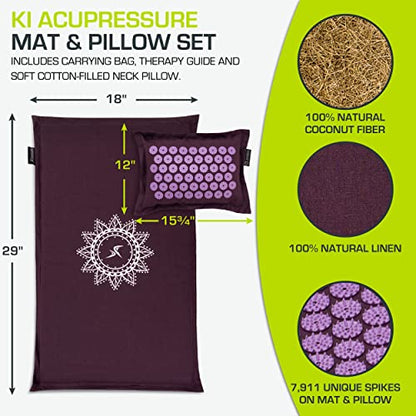 ProsourceFit Ki Acupressure Mat and Pillow Set with 100% Natural Linen for Back/Neck Pain Relief and Muscle Relaxation - color: Royal Lilac