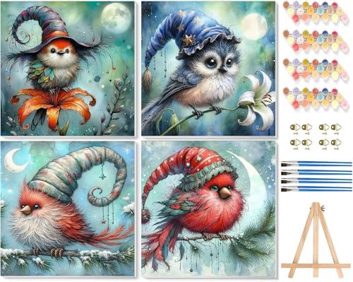 Ekuxom 4 Pack Bird Paint by Numbers for Adults with Framed Canvas | Beginner Wooden Easel-DIY Painting by Numbers Canvas Framed for Home Decor 8x8 inch - color: Bird