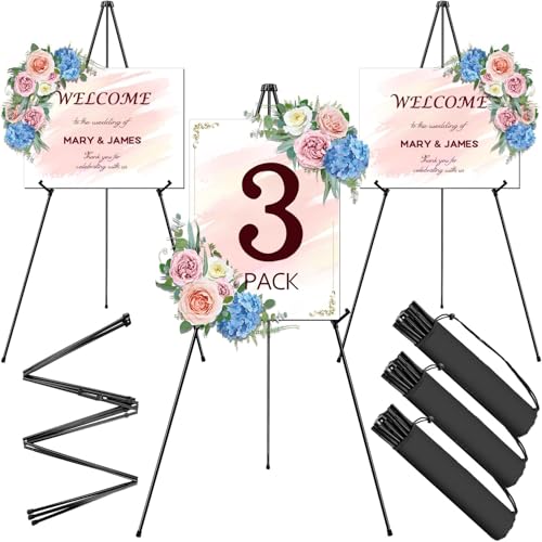 AROIC 63" Easel Stand for Display, 3 Pack Portable Foldable Metal Easel | Easels for Signs Wedding Logos ,Arts, Painting,Adjustable Floor Easels with 3 Storage Bag - style: 3P