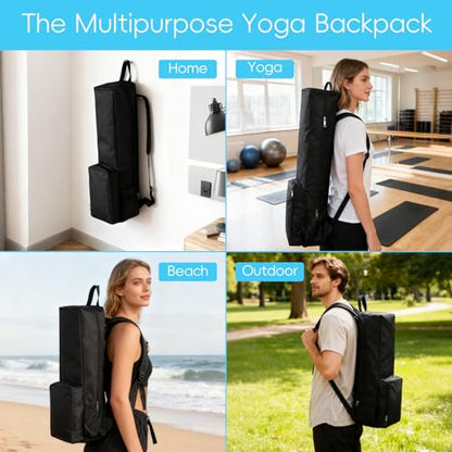 Yoga Mat Bag -Yoga Mat Bag Carrier with Pockets and Adjustable Strap, Lightweight Waterproof Yoga Mat Backpack for Women and Men, Fits Yoga Mats and Yoga Accessories for Workouts (Black) - size: Large