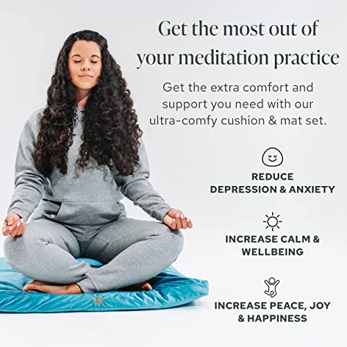 Mindful Modern Meditation Cushion & Mat Bundle - Luxury Velvet Zafu Floor Pillow & Rectangular Mat - Turquoise