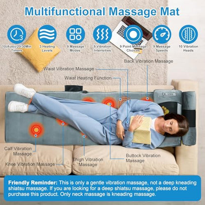 Full Body Massage Mat with Heat, Gifts for Mother Mom, Vibration Massage Pad for Bed, 10 Vibration Motors 3 Timers, Back Mattress Chair Pad with Neck Massager Lumbar Pillow - size: 68.9x14.57x8.57in