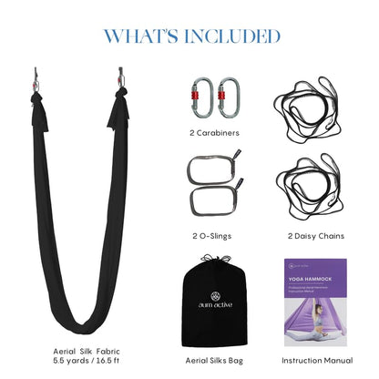 Aerial Yoga Hammock Swing, 4.5 Yards, Aerial Silks with Hardware - color: Black, size: 5.5 yards