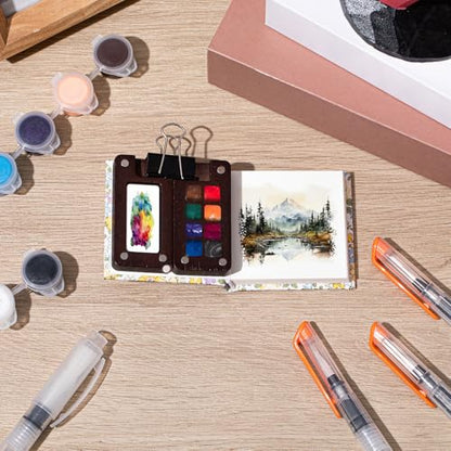 Qilery Mini Portable Watercolor Palette Set Wooden Grid Paint Box Watercolor Paper Sketch Book Brush Pens with Binder Clip for Painters Artist Not Include Paint(Winter Jasmine) - style: Winter Jasmine