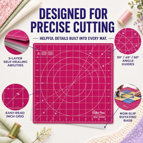 The Quilted Bear 7" x 7" Rotating Self-Healing Cutting Mat, Pink | Square Mat, 360° Rotation, Locking Mechanism, 5-Layer Surface, Non-Slip Base, Clear Inch Grid & Angle Guides for Quilting - color: Pink, size: 7"L x 7"W