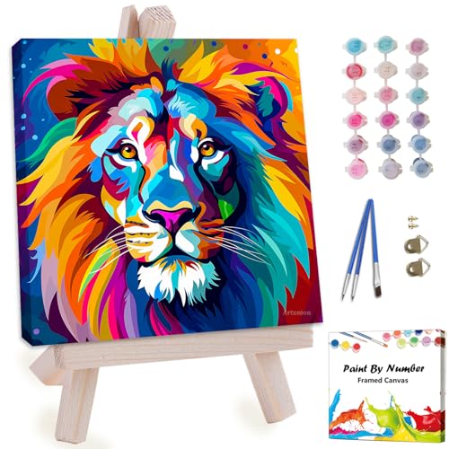 Artunion Framed Paint by Numbers Kit for Adults Beginners & Kids Ages 8-12,Colorful Lion Paint by Number with Frame,Easy Animal Paint by Numbers Kit on Canvas 10 * 10 Inch Without Easel - color: ZXT-265-F