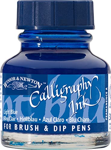 Winsor & Newton Calligraphy Ink, 30ml (1-oz) Bottle, Light Blue | Lightfast Colors, Satin Finish, Thin Inks Suitable for fip-pens, brushes and airbrushes; Opaque Colors for dip-pen or brush - color: Light Blue, size: 1 fl oz