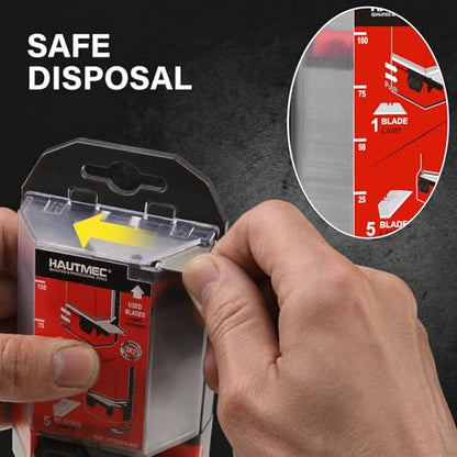 HAUTMEC Utility Knife Blades 100-Pack, SK2 Heavy Duty Razor Blades with 2-Way Safe Dispenser (1 or 5), Used Blade Slot & Remaining Indicator, Box Cutter Replacement for Carpet, Cardboard – HT0264 - style: 100 PCS | SK2