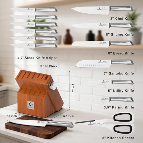 imarku Gyutou Knife Set, High Carbon Steel, Block & Sharpener, Gift Box | 56 HRC Hardness, 15° Razor Sharp Edge, Ergonomic Non-Slip Handle, Brown Wood Block, Ideal Gift for Cooking Enthusiasts - color: Silver/Brown