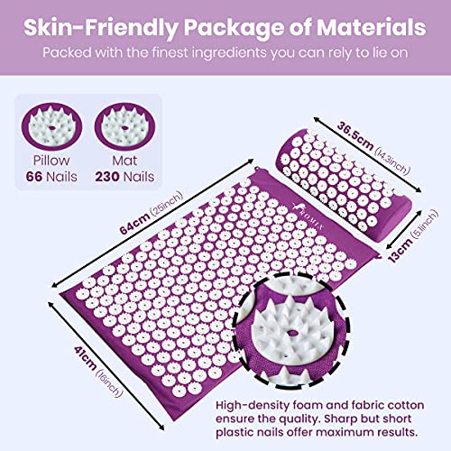 ROMIX Acupressure Mat and Pillow Set, Acupuncture Mat for Back Pain, Neck, Shoulder Pain Relief, Stress Reduction, Wellness Therapy, Cushioned Acupressure Mats with Carry Bag for Men and Women - color: Purple