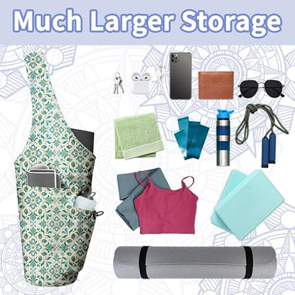 Yoga Bag for Women, Large Yoga Mat Bag Tote Carrier with Wet Dry Pocket | Water Bottle Holder & Adjustable Strap, Fits 1/2" Thick Yoga Mat for Gym, Pilates, Travel, Work - color: Green Flowers