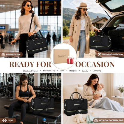 ITIEZY Weekender Bag for Women 21.5" Travel Duffel Large Carry On Bag 3PCS | Nylon Duffel Bag with Waterproof Shoe Compartment, Crossbody Bag and Toiletry Bag, Travel Weekend Hospital Overnight Gym Bag - color: 8c-Black