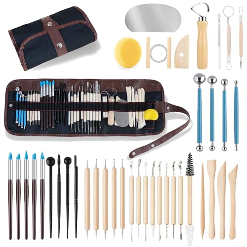 CeeVian Pottery Sculpting Tools Set 40PCS Clay Carving Tools | with Stainless Steel,Wooden Clay Carving Tools,Ball Stylus, Rubber Tip Shapers,Sponge & Storage Bag for Ceramic,Polymer Clay - color: Wood-40PCS