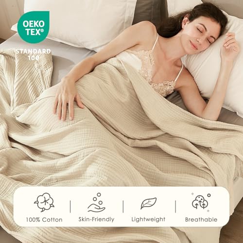 EMME Muslin Blankets for Adults Twin Blanket for Couch Breathable Gauze Soft Lightweight Airy Beige 60" x 80" - color: 02 - Beige, size: Twin (60" x 80")