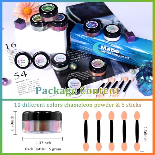 Matio Chameleon Mica Powder,10 * 5g Chrome Powder, 5 Pearlescent Effect | Color Shift Pigment & 5 Chameleon White Mica Pigment Set for Epoxy Resin,Soap Candle,Nail Art,Bath Bombs, Painting, Slime - color: 10 Colors Mix