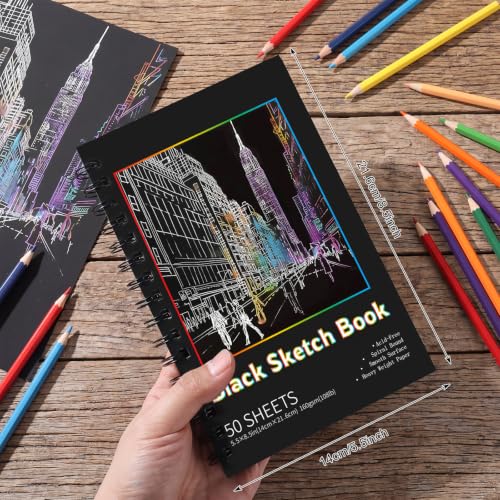 Black Paper Sketchbook 2 Pack, 5.5 × 8.5 in, 100 Sheets, Spiral Bound | 160gsm Acid-Free Black Paper, Sturdy Spiral Binding, Clean Tear-Out Pages, Ideal for Colored Pencils, Chalk, And Gel Pens - size: 5.5×8.5 Inch (2 Pack )