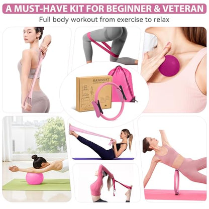 HASHMUST Pilates Ring Kit 12 PCS for Women, Home Workout Equipment with Magic Circle, Mini Exercise Ball, Resistance Bands, Massage Lacrosse, Yoga Strap, Full-Body Fitness Set for Toning & Gift - color: Pink