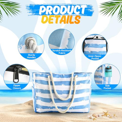 SRISE Large Beach Bag for Women & Men, Beach Bags Waterproof Sandproof, Travel Tote Bag, Swim Pool Bag for Family Outdoor - color: Blue White