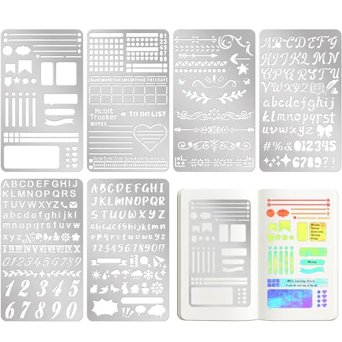 Lewtemi 6 Pcs Metal Wood Burning Stencils, Journal Style Letters Numbers | Engraving Templates for Journaling Crafts, Uppercase Lowercase Symbols, Reusable in Wood Carving Scrapbooking Projects - style: Journal Style