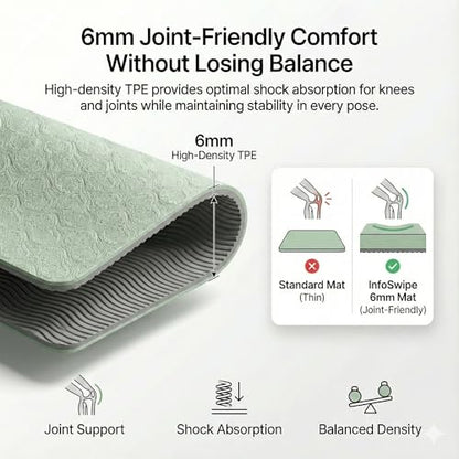 Premium TPE Yoga Mat 6mm Info Swipe – Eco-Friendly Non-Slip, Odor-Free, Lightweight & Durable | SGS Tested, REACH Compliant, GRS Certified | 72"x24" with Carrying Strap - color: Light Green