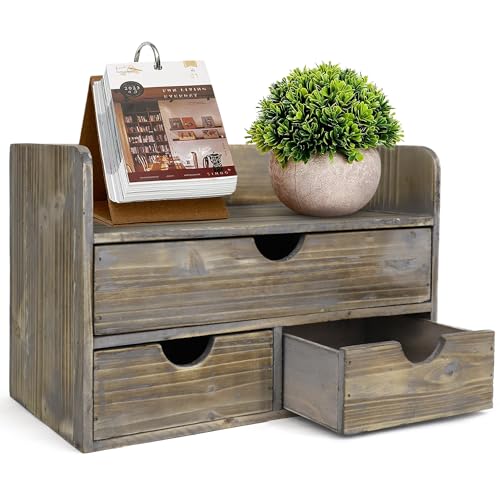 Besti Wooden Office Desk Organizer - Organizing Tool for Desktop, Cubicle, Bedroom, Kitchen - Vintage Style Organization Caddy with Top Tray Shelf & 3 Drawers - 13.6x9x7 Inches (Rustic) - color: Rustic