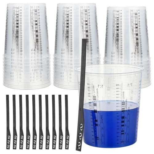 30 Pack 64oz 1900ml Clear Plastic Paint Mixing Cups with 30 Stir Sticks - Disposable Graduated Measuring Cups for Paint, Resin & Epoxy with ML Scale & 3-Column Ratios (1:1-7:1) for DIY Crafts - size: 64oz / 1900ml