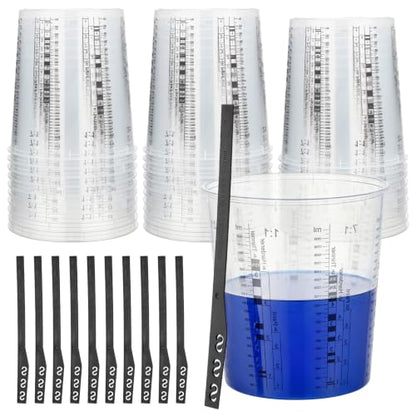 30 Pack 64oz 1900ml Clear Plastic Paint Mixing Cups with 30 Stir Sticks - Disposable Graduated Measuring Cups for Paint, Resin & Epoxy with ML Scale & 3-Column Ratios (1:1-7:1) for DIY Crafts - size: 64oz / 1900ml