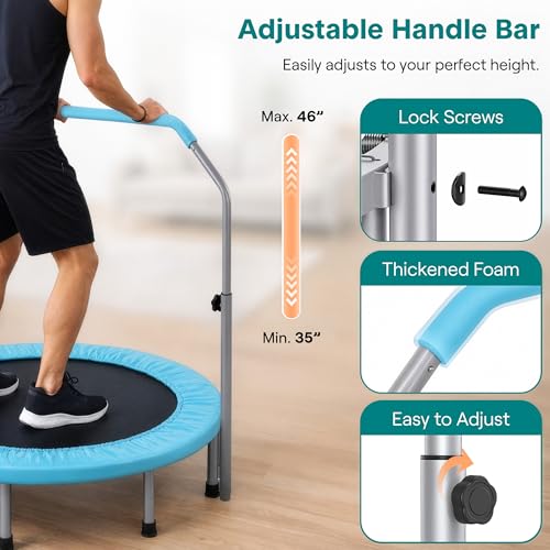 SereneLife 40" Foldable Mini Trampoline for Adults - Compact Fitness Rebounder with Adjustable Foam Handle, Exercise Trampoline with Max Load 330lbs, Indoor/Garden Whole-Body Workout - color: Sky Blue