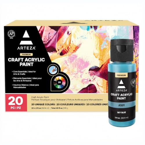 ARTEZA Craft Acrylic Paint, 2 ounce Bottles, Water-Based, Matte Finish Paints, Art Supplies for Glass, Wood, Ceramics, Fabrics, Leather, Paper - style: Basic Colors
