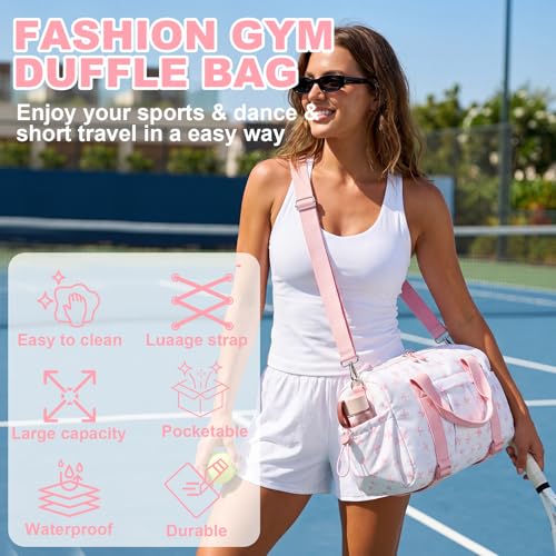 LEDAOU Small Gym Bag for Women | Mini Duffle Bag with Yoga Mat Holder, Lightweight Carry On Sports Bag, Separate Shoe Pocket and Wet Pocket - color: Pink Bow, size: Mini-14"