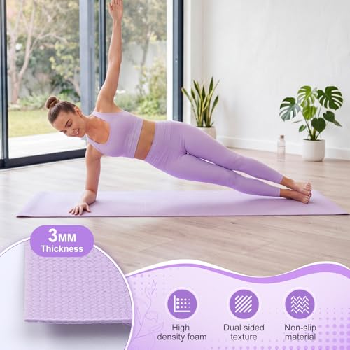 Funtery 3 mm Thin Yoga Mats Bulk, 68 x 24 Inches Lightweight PVC Exercise Mats Non Slip Workout Fitness Pads for Yoga Pilates Stretching Classes Gym Home Studio - color: Violet Haze