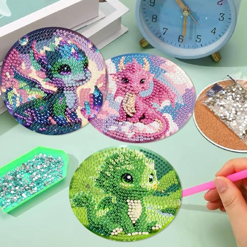 Mrnsiet 8PCS Diamond Art Coasters with Holder, DIY Dragon Diamond Painting Coasters Kits for Adults, Non Slip Cute Dragon Mosaic Dot Painting Coaster Gift Set for Beginners 4x4 Inch - color: BDWY353-US