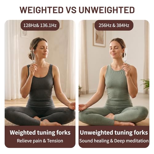Healing Tuning Fork Set –Includes 128Hz, 136.1Hz, 256Hz, 384Hz Weighted and Unweighted,with Activator & Wooden Mallet,Tuning Fork Set for Meditation, Yoga, and Chakra Energy Therapy