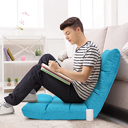 Giantex Adjustable Floor Gaming Sofa Chair 14-Position Cushioned Folding Lazy Recliner High Resilience Sponge, Breathable Cotton & Linen Fabric Sleeper Bed Couch Recliner - color: Peacock Blue