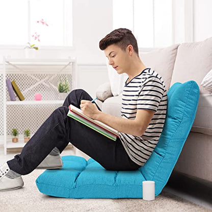 Giantex Adjustable Floor Gaming Sofa Chair 14-Position Cushioned Folding Lazy Recliner High Resilience Sponge, Breathable Cotton & Linen Fabric Sleeper Bed Couch Recliner - color: Peacock Blue