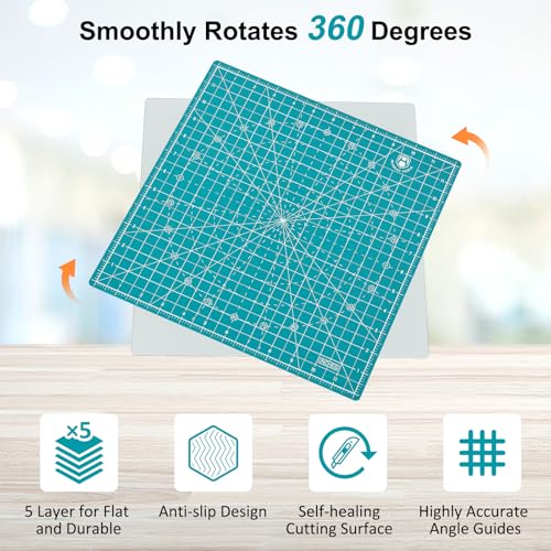 Headley Tools 12"x12" Rotating Cutting Mat, Self Healing Mat with 360-Degree Rotation & Anti-Slip Base, Sewing Board Cutting Mat Perfect for Fabric Quilting Leather Hobby Project, Turquoise - color: Turquoise, size: 12"L x 12"W