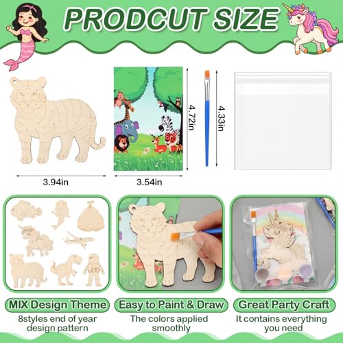 Saypacck 24 Pcs Animal Theme Party Favors Wooden Paint Craft Kits | Princess Unicorn Fairy Cowgirl Themes, With Brush Organza Bag, Ideal for Kids Girls Birthday Party Goodie Bag Fillers - style: Mixed Style