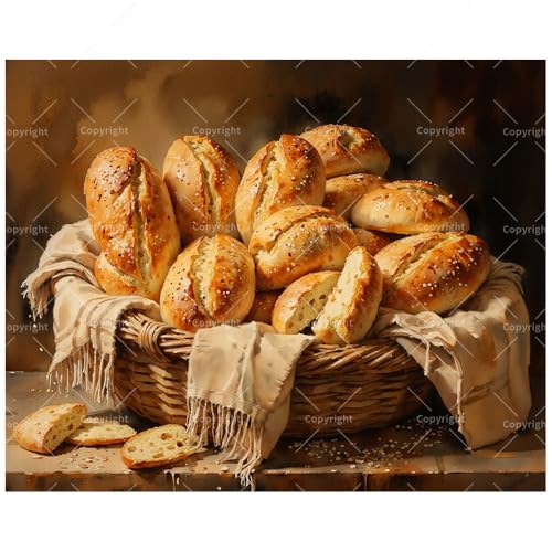 Food Still Life Paint by Numbers Kit for Adults - DIY Basket of Fresh Bread Rolls Painting on Canvas 16x20In, Acrylic Paint Set for Beginners, Art for Home Decoration or Gifts(8X12IN Framed) - color: TCXY08430, size: 8X12IN Framed