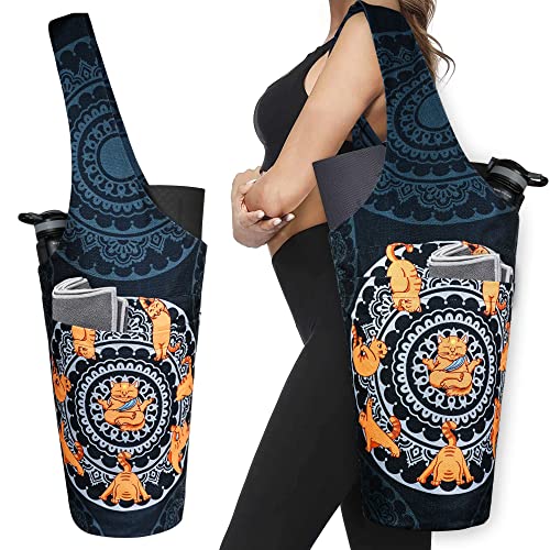 Yoga Mat Bag - Long Tote with Pockets - Holds More Yoga Accessories - Yoga Bag Fit Most Size Mats - Yoga Mat Carrier - color: Cat Yoga Black