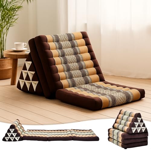 Leewadee Thai Foldable Floor Mat 67 x 21 inches Kapok with Backrest | Floor & lounge cushion for relaxing, reading & TV - for meditation & yoga, firm & stable - color: Sf10 - Brown, size: 3 seating segments