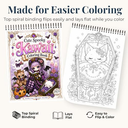 Cute Spooky Kawaii Coloring Book for Adults | Bold and Easy, Top Spiral Bound, 24 Images, Color Test Sheet, Mini Cozy Coloring Book and Pencil Sharpener Included, 8.5" x11"