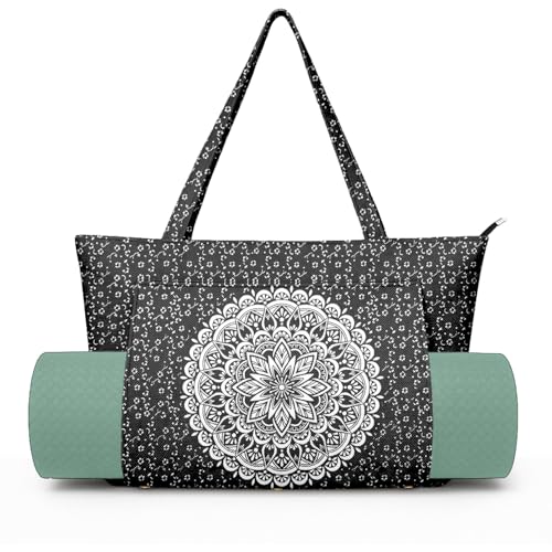 Yoga Bag for Women, Large Canvas Yoga Mat Tote Bag with Yoga Mat Carrier | Large Mat Pocket Fitness Tote for Pilates, Gym, Travel, Office & Beach - color: Black Flower Mandala