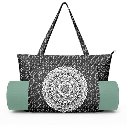 Yoga Bag for Women, Large Canvas Yoga Mat Tote Bag with Yoga Mat Carrier - color: Black Flower Mandala